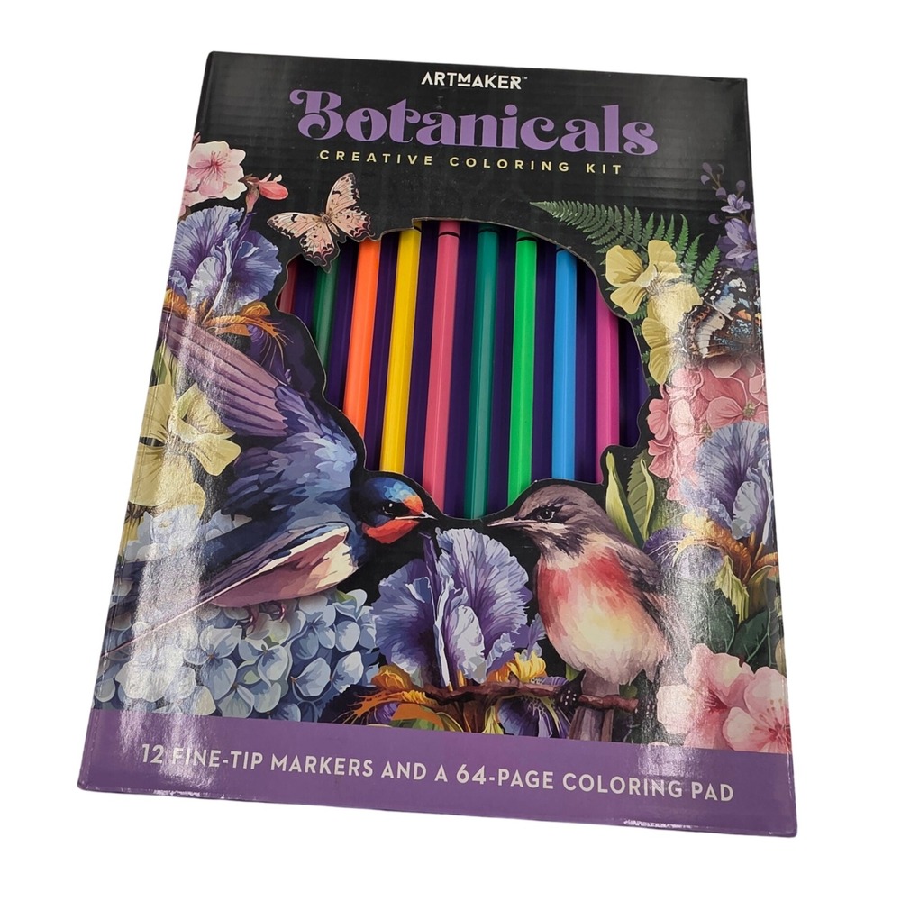 ArtMaker Botanicals Creative Coloring Kit 12 Fine-Tip Markers 64-Page Pad O1
